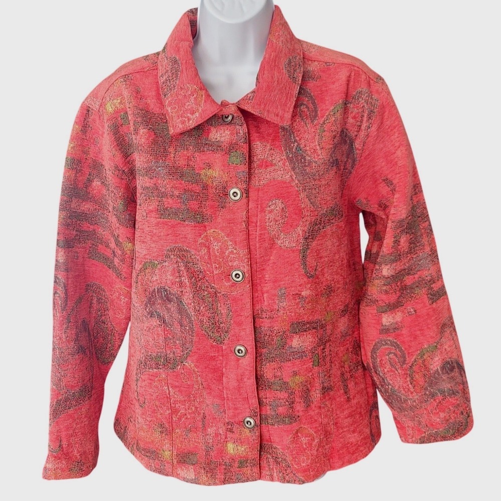 Chico's Coral Print Brushed Fabric Jacket size 3 or regular size X Large‎